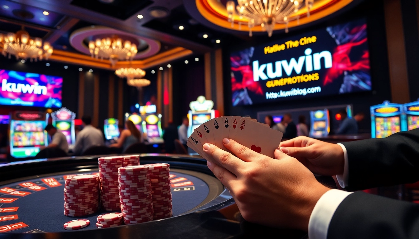 A dynamic scene at a casino table showcasing the thrill of gambling at https://kuwinblog.com/ with roulette, poker chips, and cards.