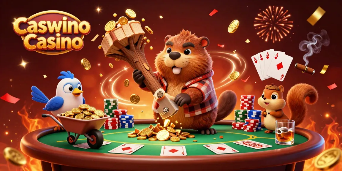 Experience the excitement of Caswino Casino with cartoon characters celebrating wins amidst golden coins and poker elements.