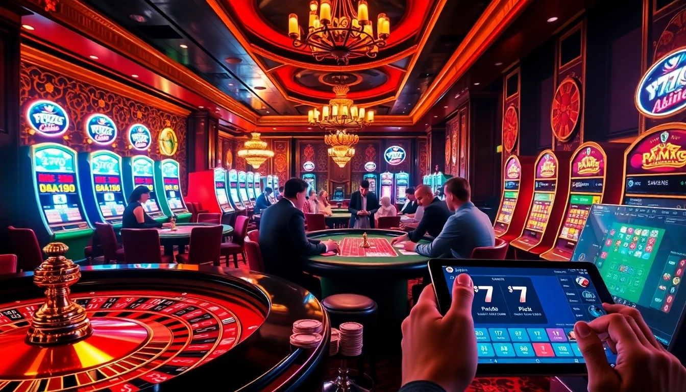 Exciting gambling scene at https://777gapp.com.br featuring poker players, roulette tables, and luxurious casino ambiance.