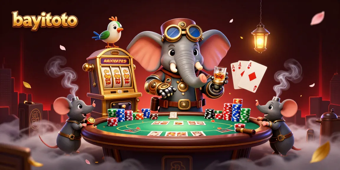 Engage in thrilling action with bayitoto's vibrant steampunk casino scene featuring a mechanical elephant and poker elements.