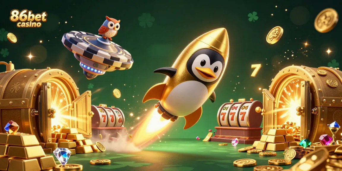 Experience the excitement of 86bet casino with a golden penguin and vibrant slot elements.