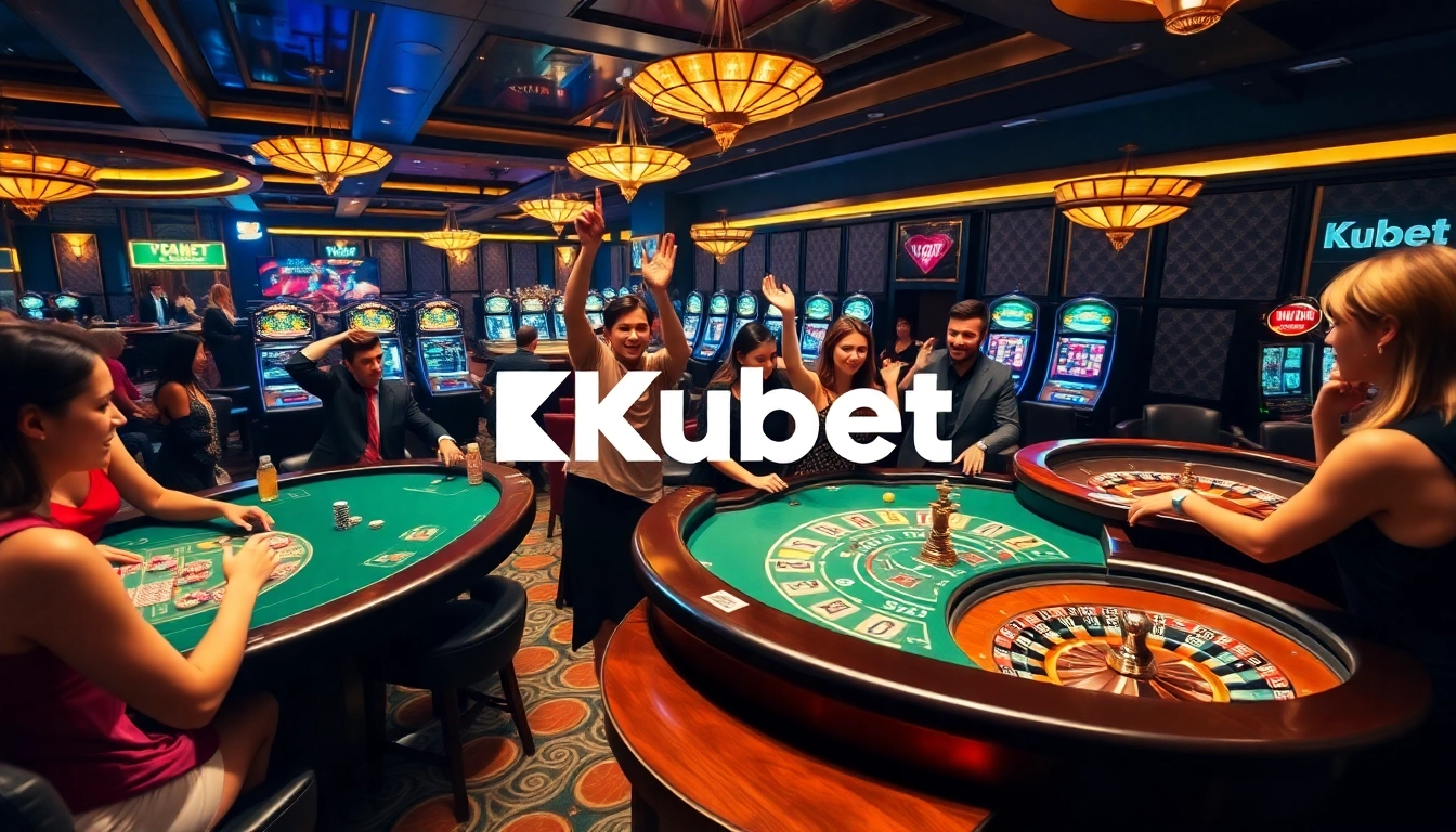 Kubet casino showcases an exciting gaming atmosphere with vibrant tables and players celebrating wins.