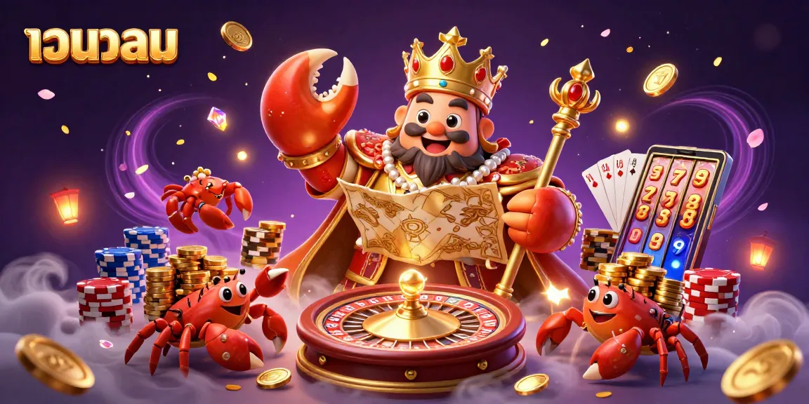 Experience the excitement of เว็บบอล as golden crabs preside over cascading coins and poker chips in this dynamic casino scene.