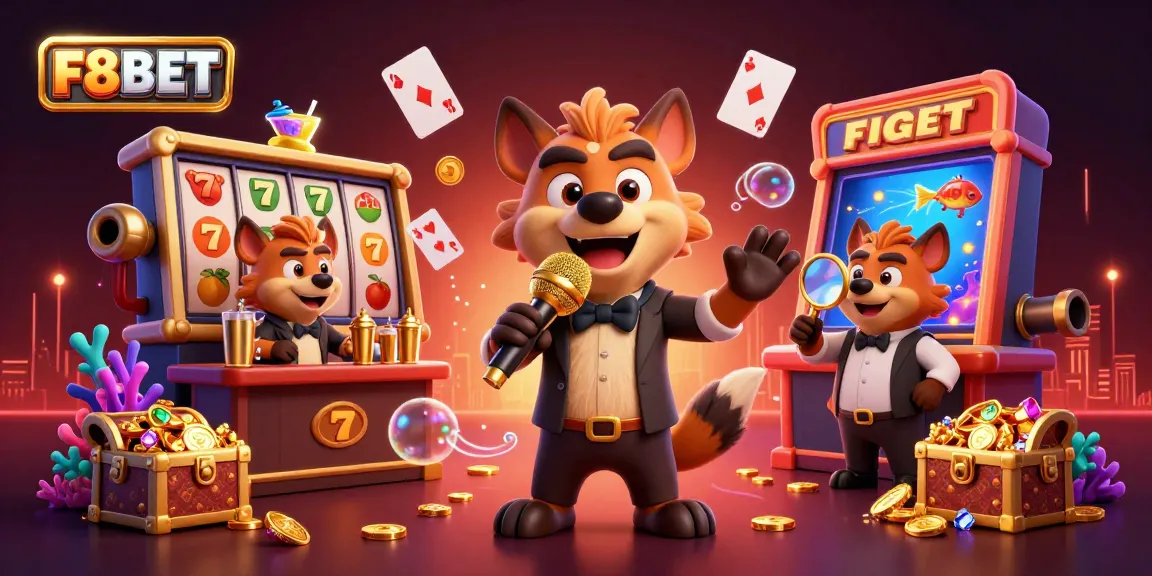 Enjoy an exciting F8BET gaming experience with animated hyenas in a vibrant casino scene.