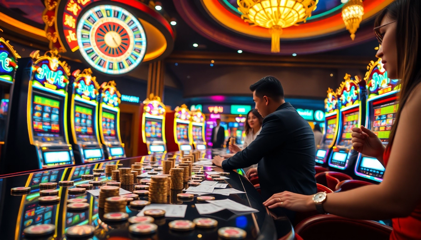 Nổ hũ players enjoying an exciting slot machine experience in a glamorous casino.