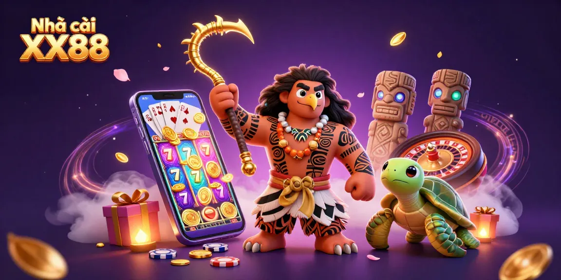 Engage in thrilling gaming action with Nhà cái XX88 featuring cartoon demigod and turtle amidst casino elements.