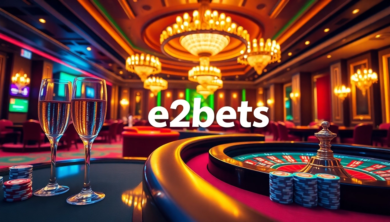 E2bets casino scene with vibrant tables, poker chips, and roulette wheels.