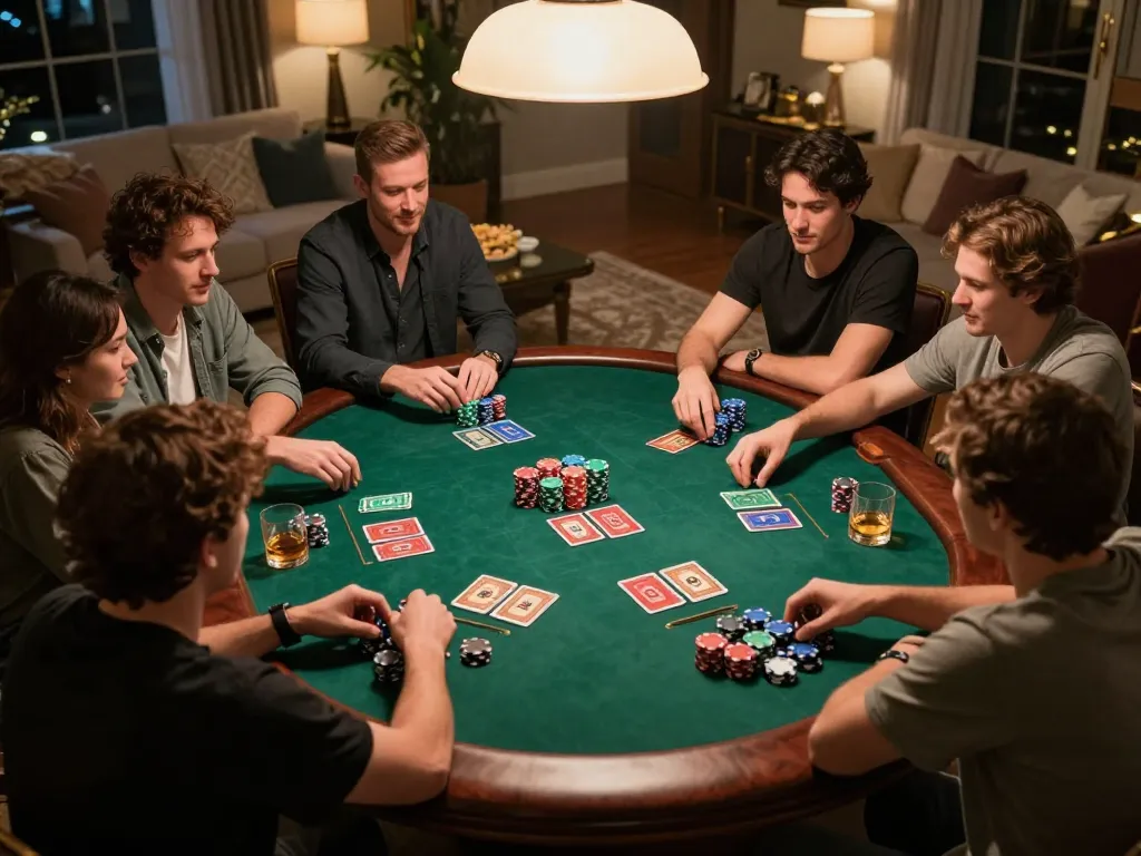 Players enjoying an intense poker game at home, highlighting king33 gaming strategies and thrilling moments.