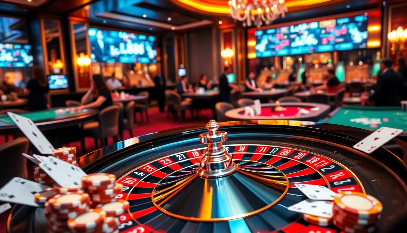 Engage with the excitement of lc88 in a vibrant casino scene showcasing roulette and cards.