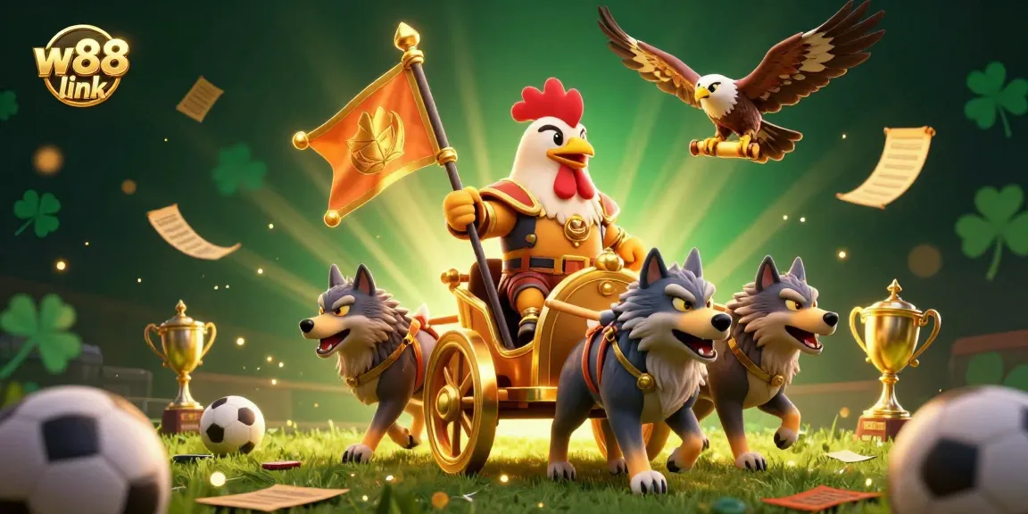 Engage with the exciting w88 link for sports betting as the rooster warlord leads a thrilling game scene.