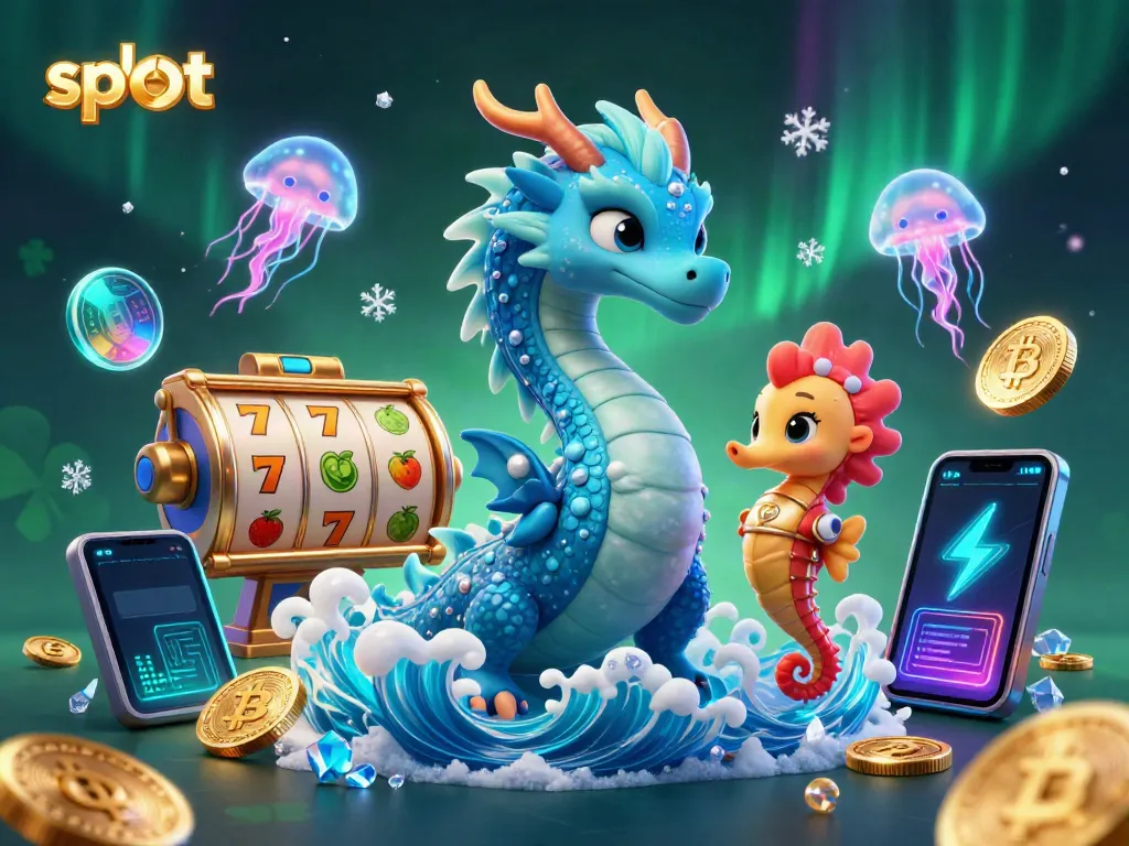 Putar slot dengan naga air fantastis dan koin cryptocurrency, gambar 3D penuh warna.
