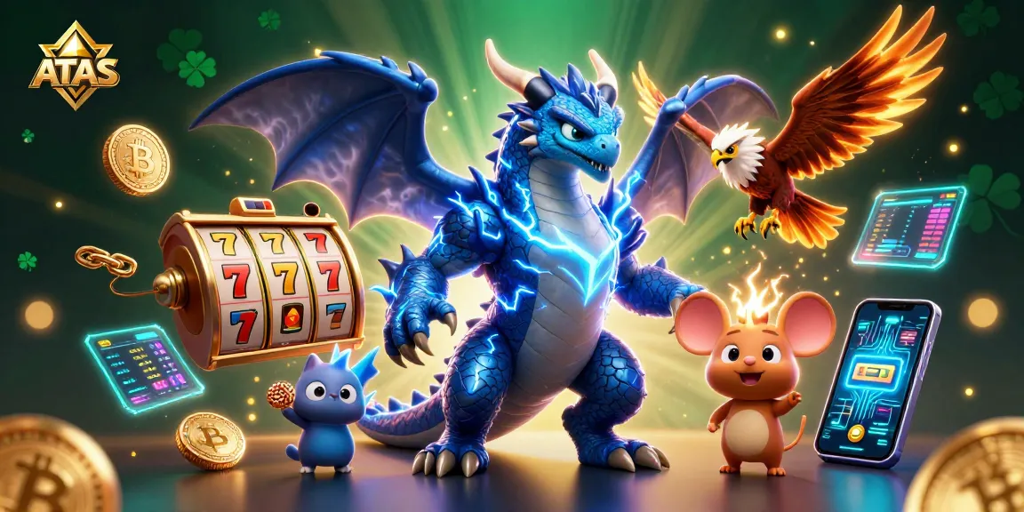 Experience excitement with ATAS Casino's dynamic slot games featuring vivid characters and vibrant gaming elements.