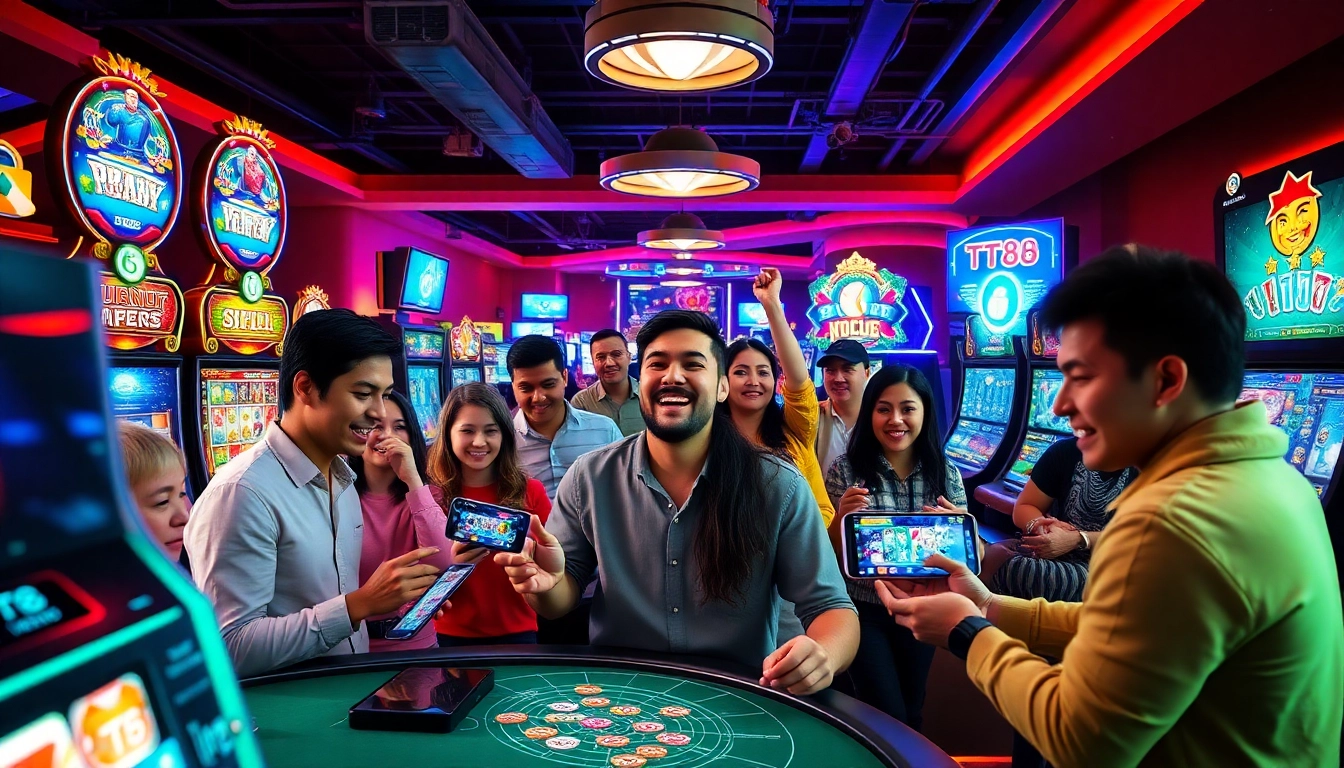 Engaged players at TT88 enjoy online gaming, showcasing excitement and security in a vibrant atmosphere.