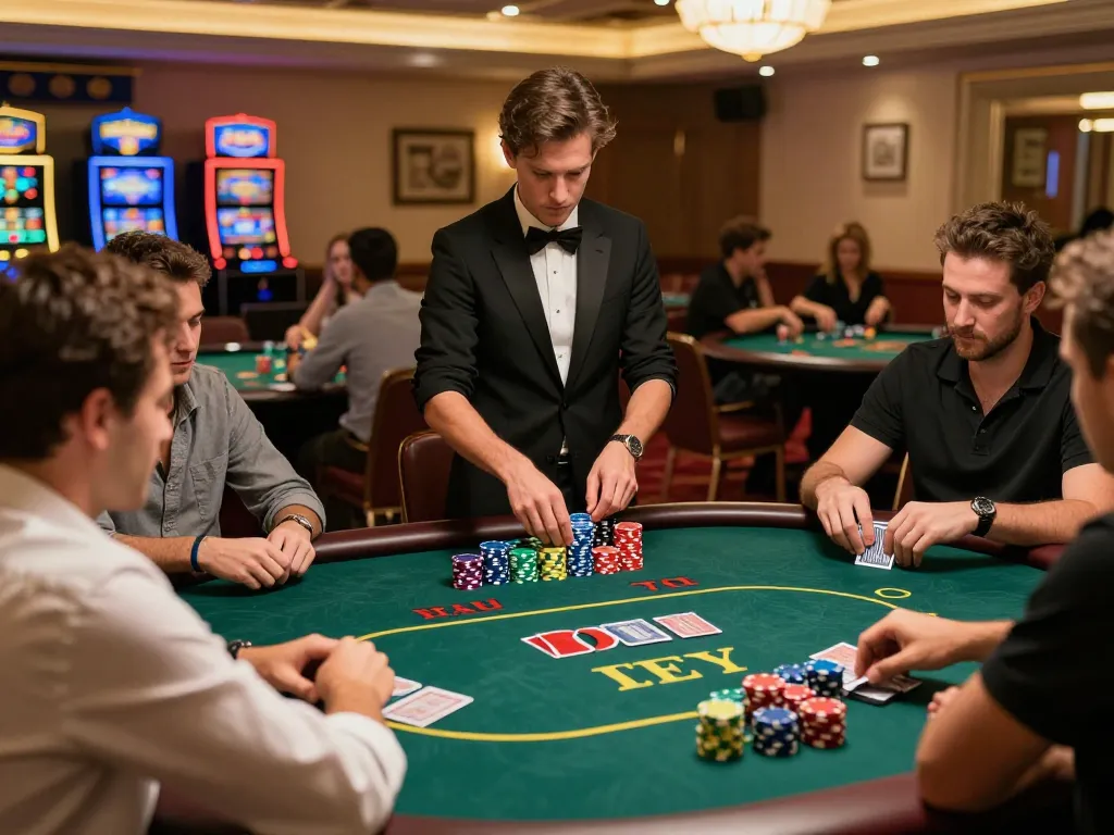 Engaged players enjoying a thrilling poker game at god55 casino, warm lighting enhancing the atmosphere.