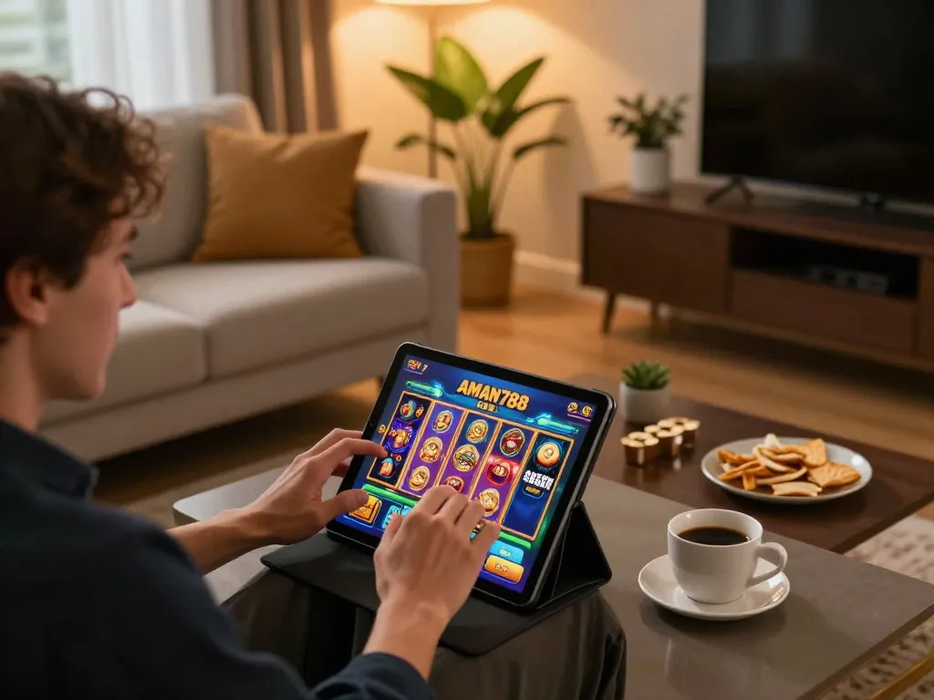 Engaging gameplay of aman788 slot online on a tablet, showcasing vibrant graphics in a cozy home setting