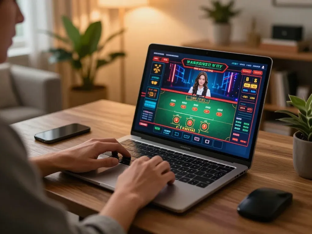 Engaging with a live dealer game at https://goal123.ac/ showcasing a stylish home office setup and responsible gaming.