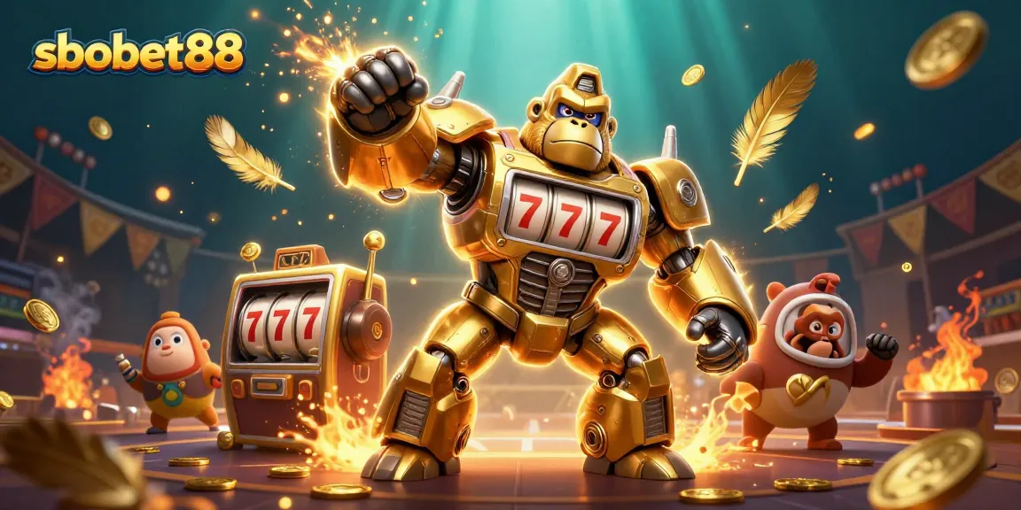 Engage with sbobet88 sports betting adventures featuring a golden gorilla mech and dynamic stadium elements.
