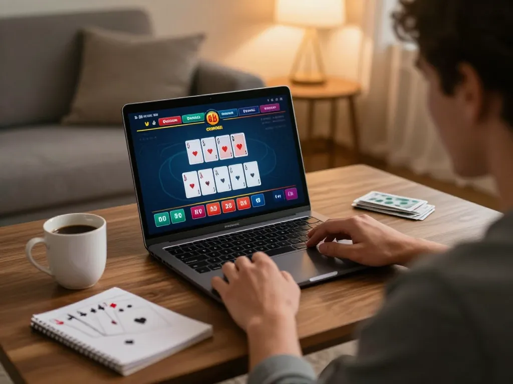 Engaged player using 888NEW online casino to enjoy a strategic poker game at home.