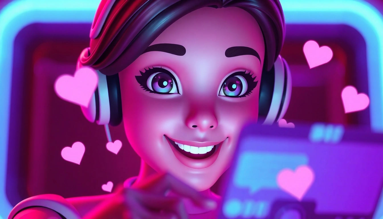 Engaging NSFW AI character in a digital chat interface surrounded by playful elements.