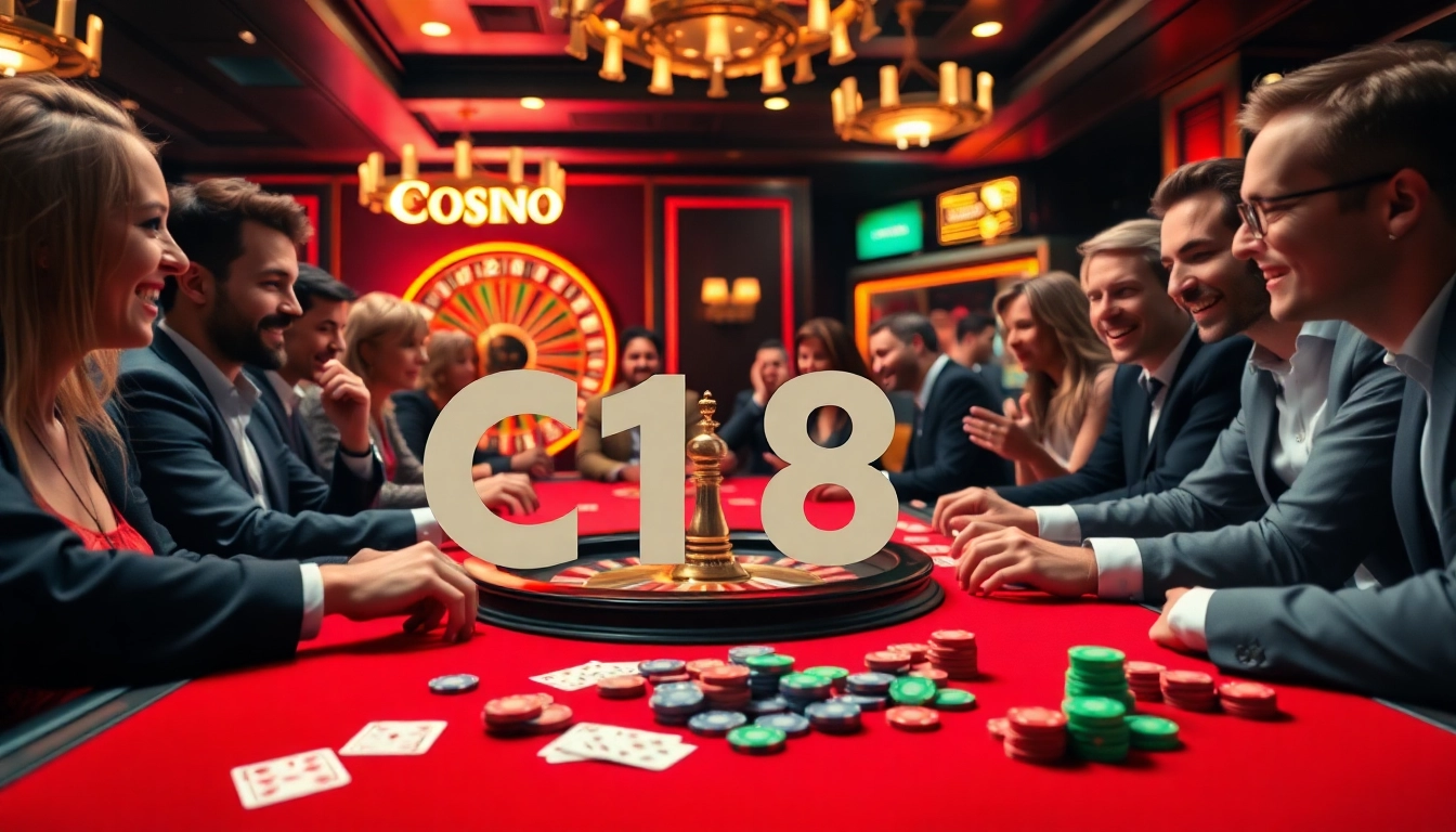 Players joyfully engaging at a C168 poker table amidst vibrant casino decor.
