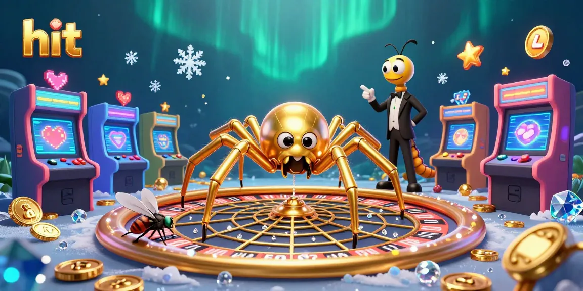 Engage in a high-stakes hit at the casino, featuring a golden spider and colorful game machines.