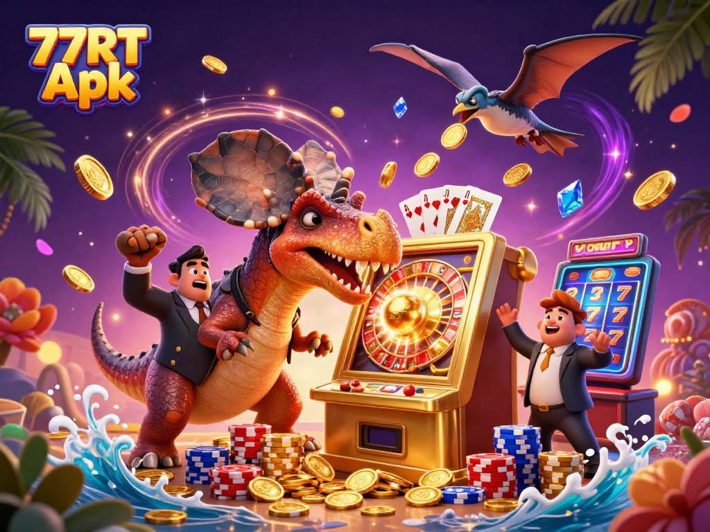 Experience the thrill of the 77RT Apk as cartoon dinosaurs play at a dazzling casino.