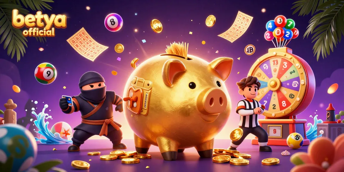 Win big with betya official illustrated as a golden piggy bank sumo wrestler amidst dynamic lottery elements.