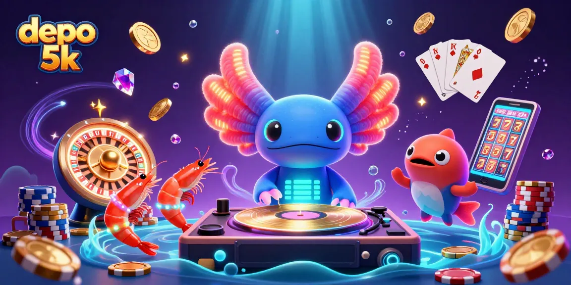Experience the excitement of depo 5k with a vibrant 3D casino illustration featuring a DJ axolotl.