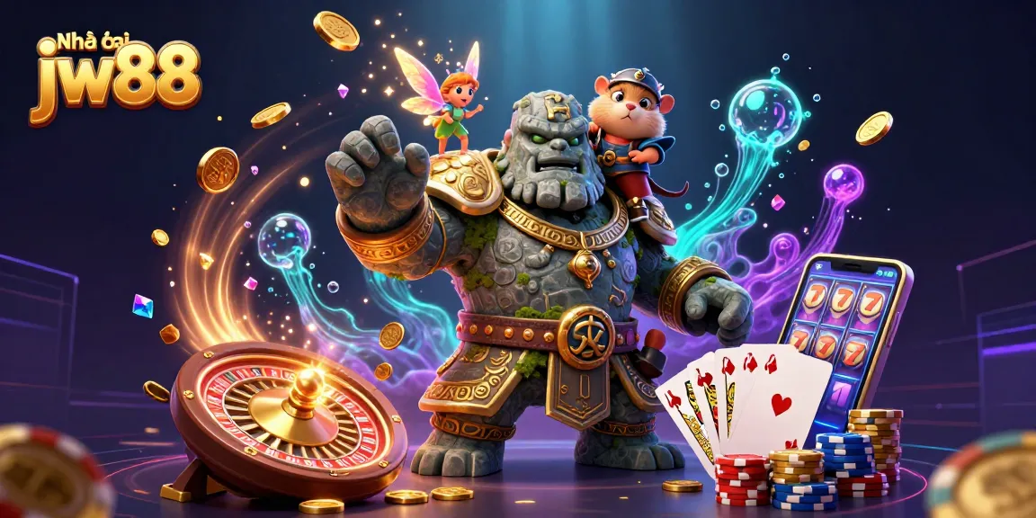 Engage in exciting gaming at Nhà cái jw88 with a vibrant scene of a stone guardian, fairy, and hamster knight amidst cascading coins.