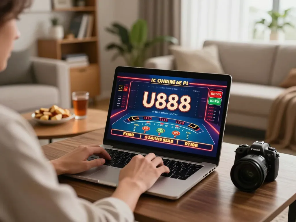 Player enjoying an online U888 casino game from home, showcasing interactive gameplay and cozy environment.