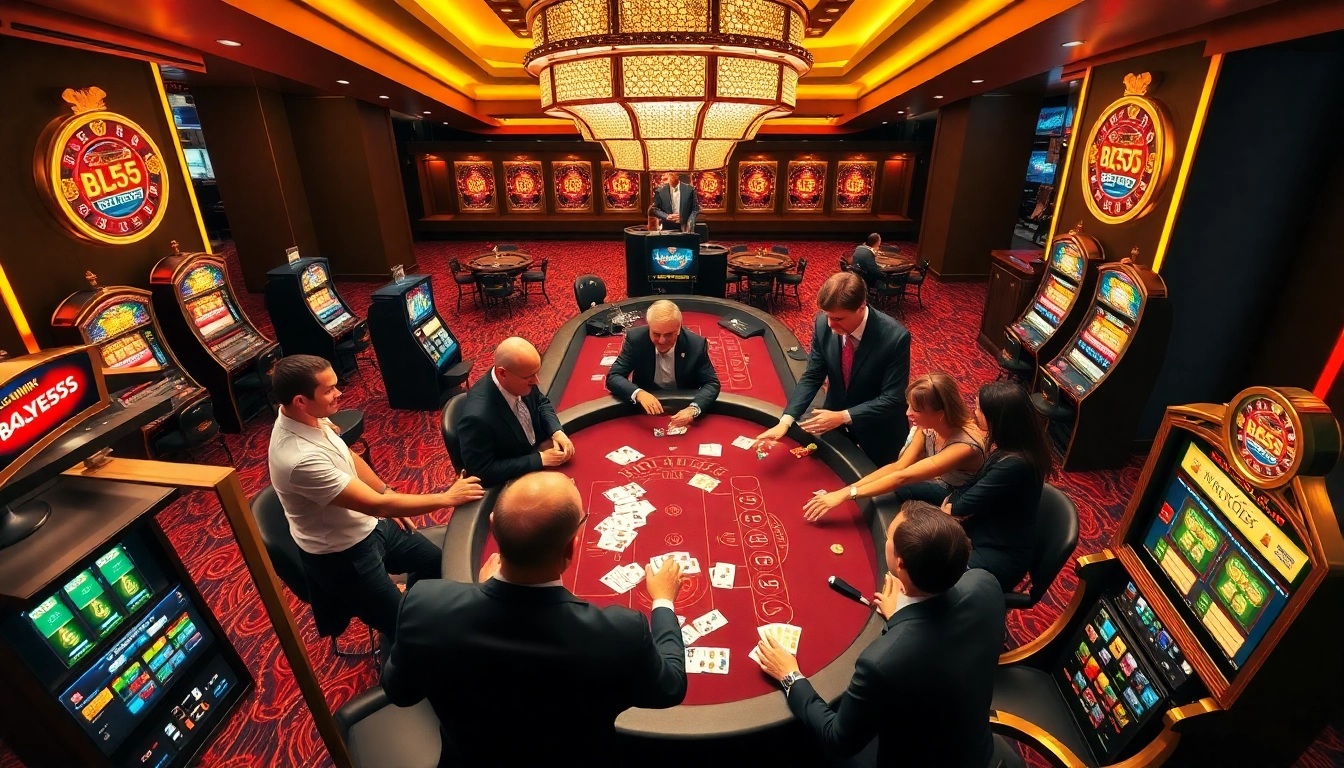 A professional, exciting BL555 casino experience with dealers, poker chips, and roulette wheels.