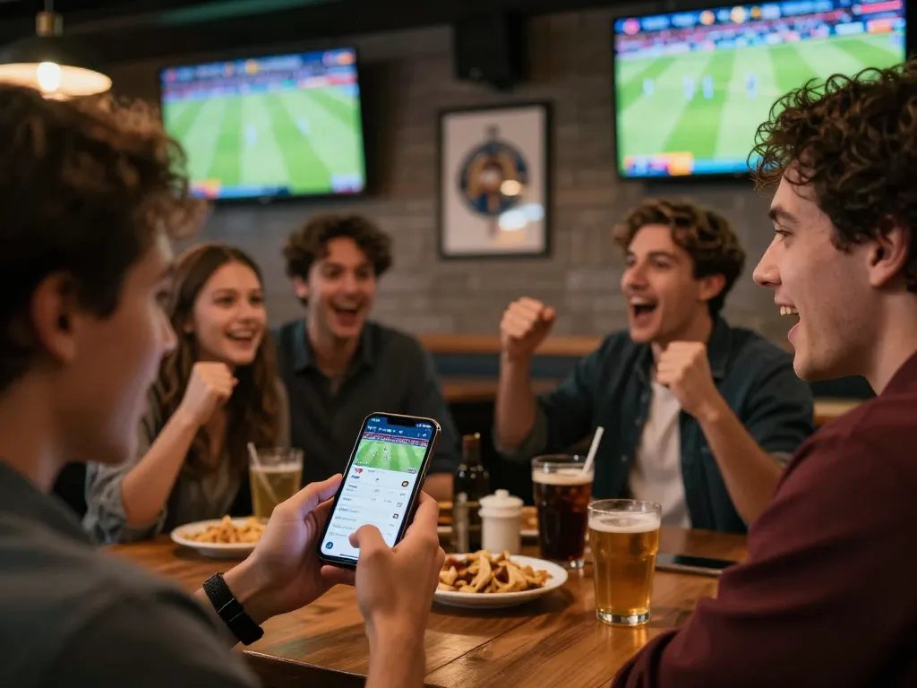 Engaging in soi keo nha cai through smartphone betting at a busy sports bar with friends cheering