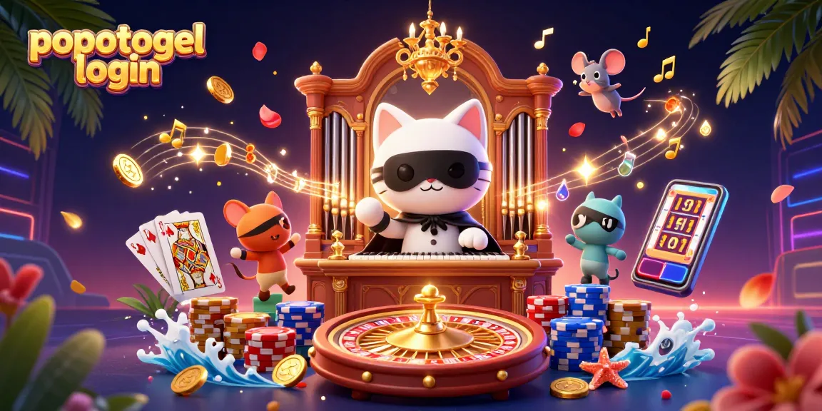 Engage with an exciting popotogel login scene featuring casino elements and vibrant characters.