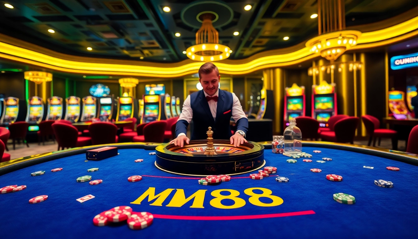 Experience the thrill of winning at MM88's luxurious casino with vibrant gaming tables.