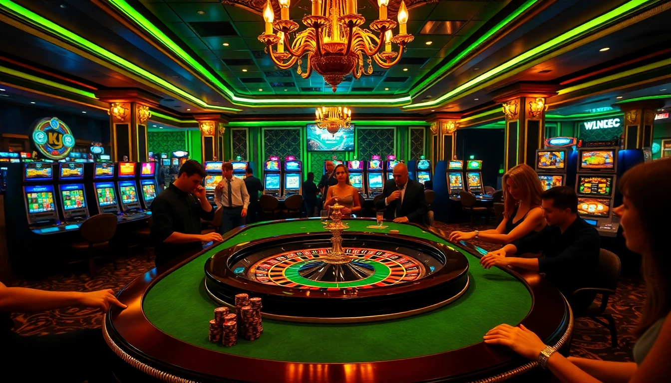 Experience thrilling gameplay with KJC at a luxurious casino, featuring roulette and vibrant slot machines.