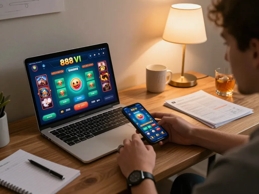 Engaged player using 888 VI app for online casino gaming in a cozy home environment