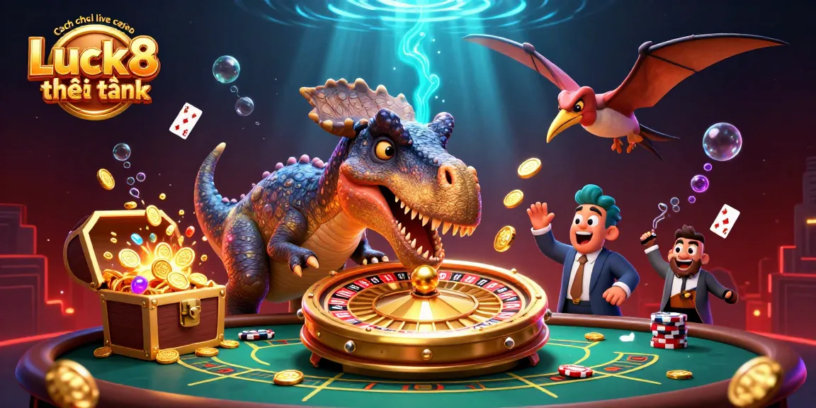 Cách chơi live casino Luck8 luôn thắng illustrated with a pachycephalosaurus celebrating jackpot wins at a roulette wheel, showcasing vibrant casino elements.