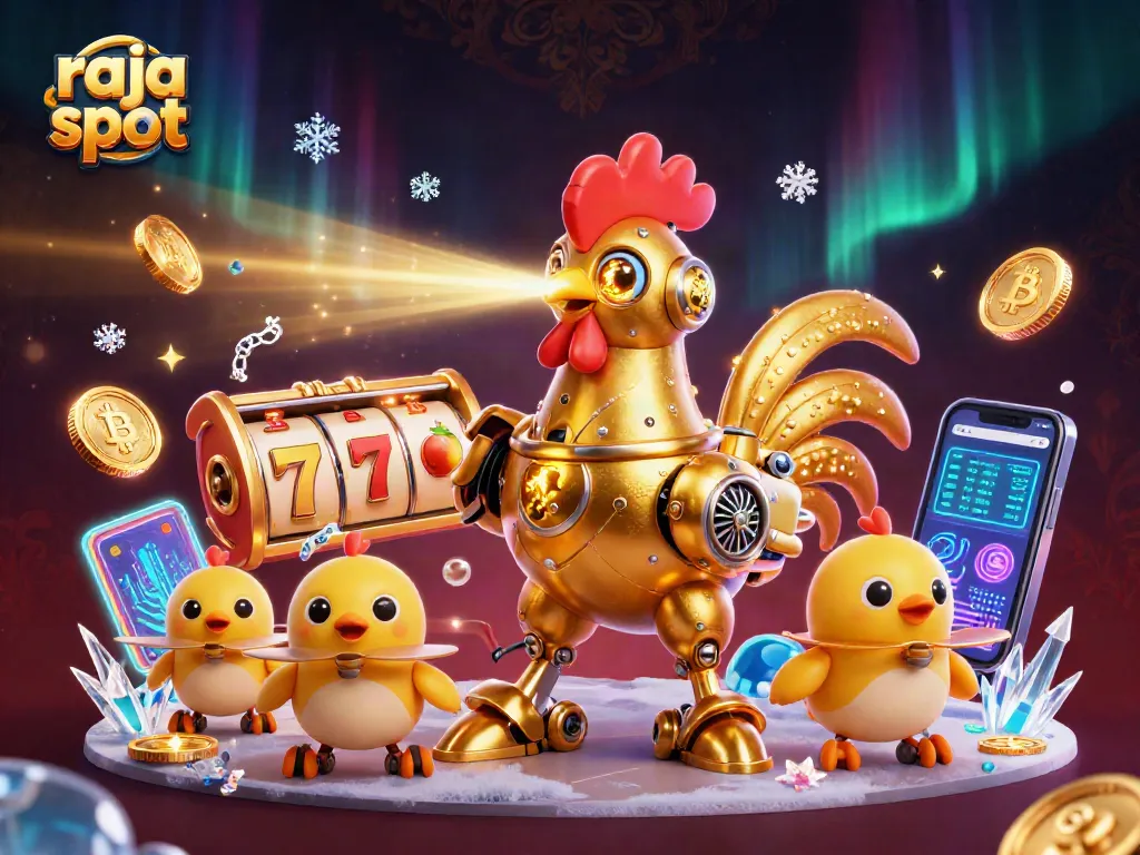 Raja slot menampilkan robot ayam emas futuristik dan simbol slot berkilauan yang memikat.