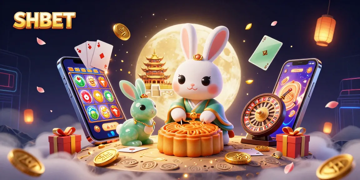 Experience SHBET's vibrant casino atmosphere with a whimsical moon rabbit and dazzling games