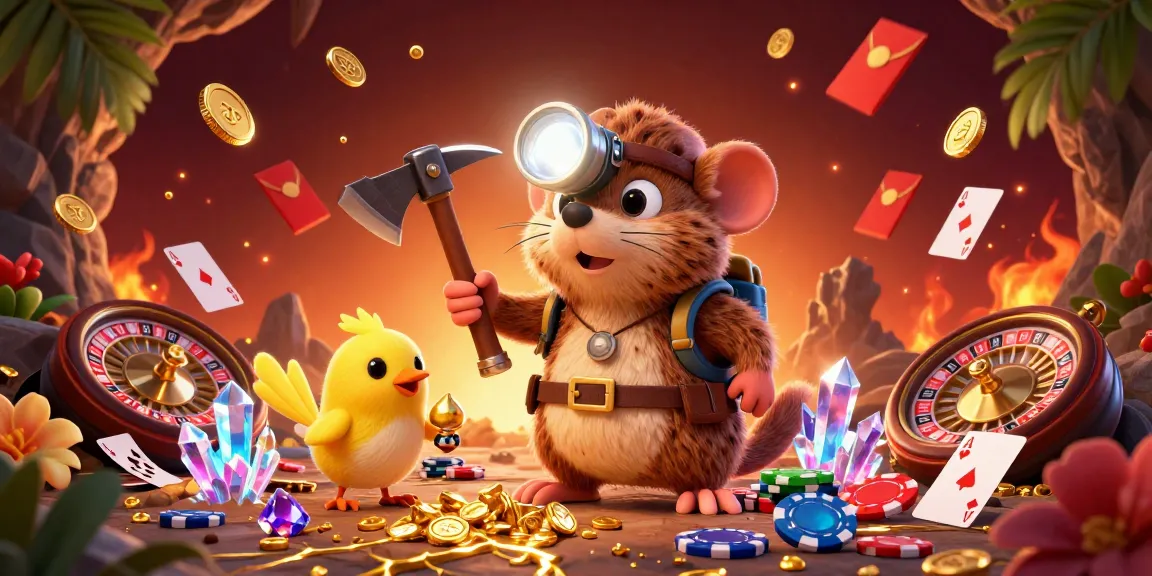 Engage with Nhà cái UU88 in a vibrant casino scene featuring the treasure hunter mole, poker chips, and lavish game elements.