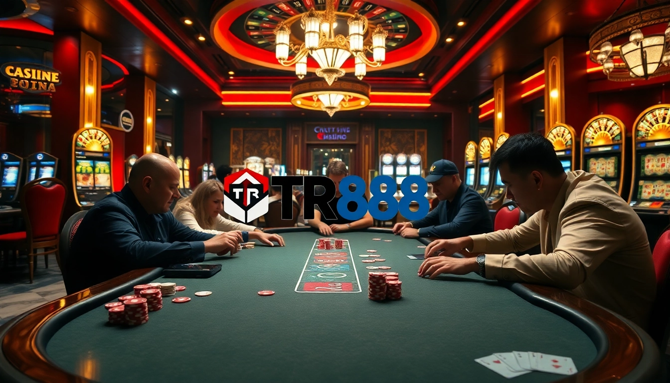 Engaging casino atmosphere with gamblers playing poker at TR88, surrounded by vibrant slot machines.