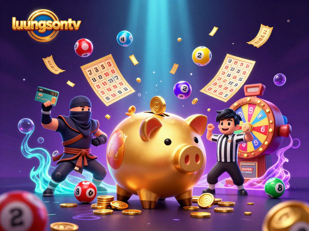 Enhance your gaming experience with luongsontv's vibrant lottery-themed 3D illustration featuring dynamic characters and scenes.