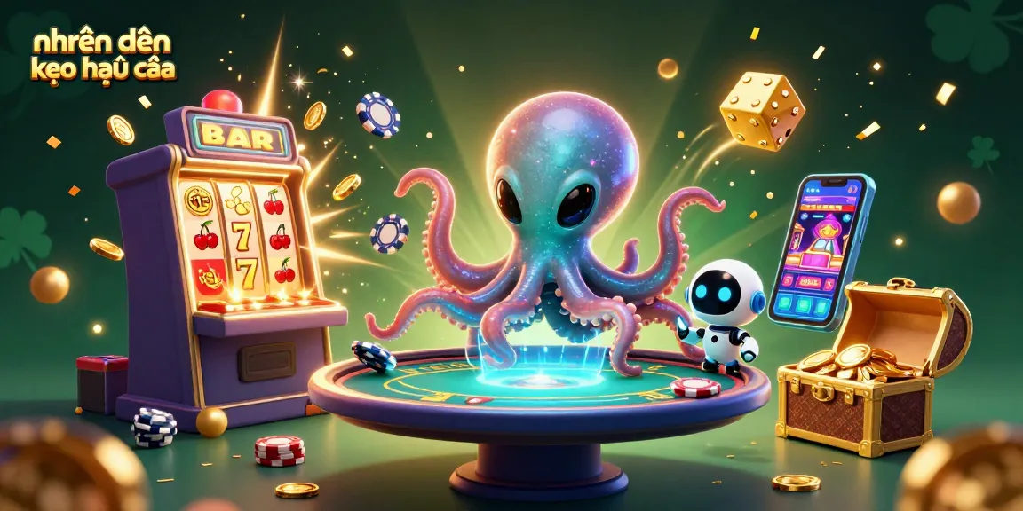 Engage in nhận định kèo nhà cái with an alien octopus at a holographic poker table surrounded by vibrant casino elements.