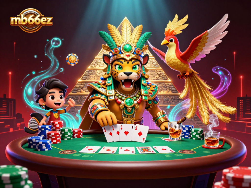 Experience thrilling gameplay at mb66ez with an elaborate casino illustration showcasing poker elements and a vibrant atmosphere.