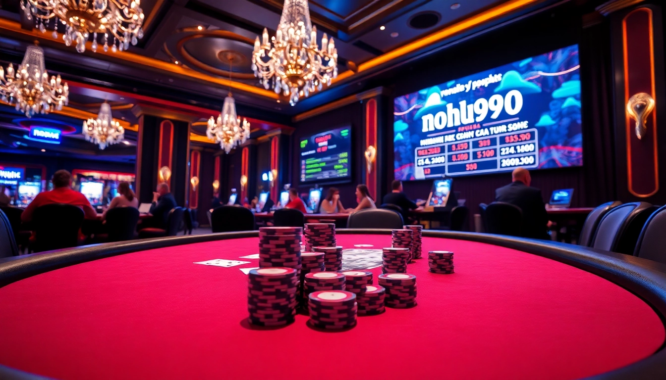 Players engage in high-stakes poker at nohu90's luxurious casino table, showcasing excitement.