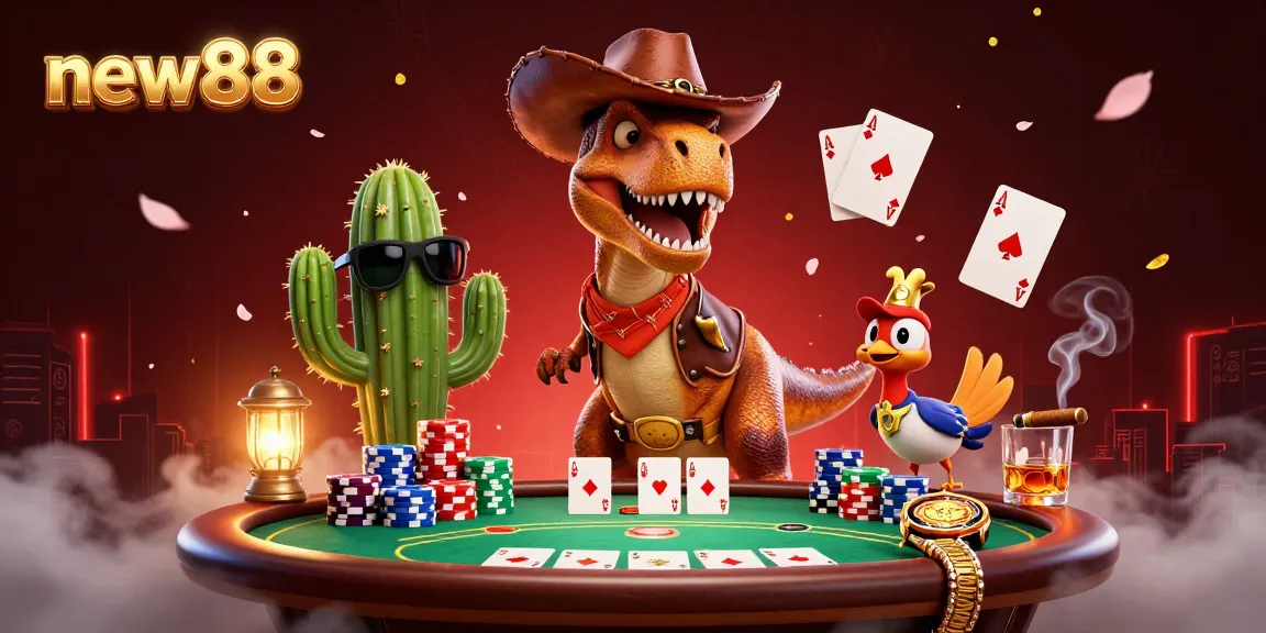 Engage in thrilling card games at new88, featuring lively characters amidst poker visuals.