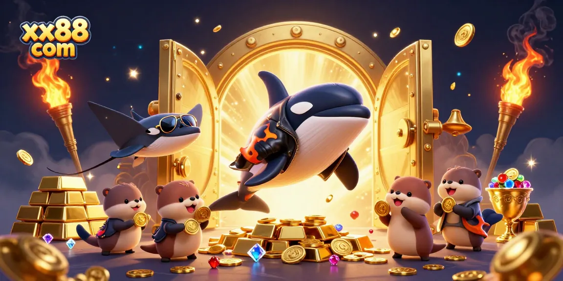 Engage with exciting games at xx88 com, featuring vibrant characters amidst golden treasures and casino elements.