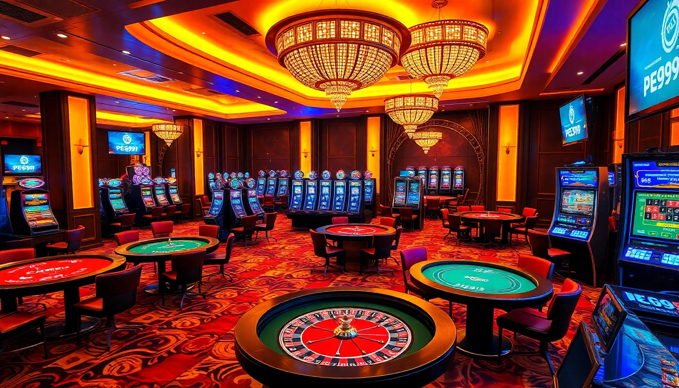 The lively PG 99 casino scene with tables for card games, roulette wheels, and vibrant slot machines.