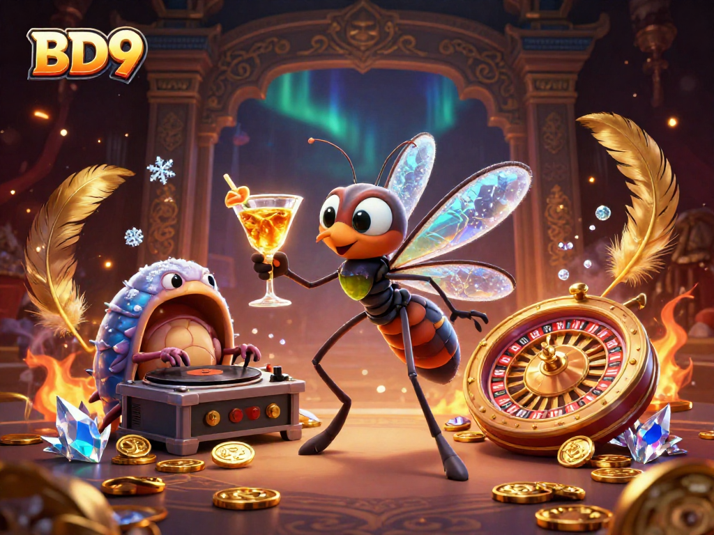 Engage in exciting gameplay at BD9 with a lively casino scene featuring a unique mascot and dynamic game elements.