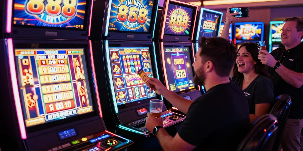 Menang di 888 slots dengan suasana kasino yang meriah dan penuh warna.